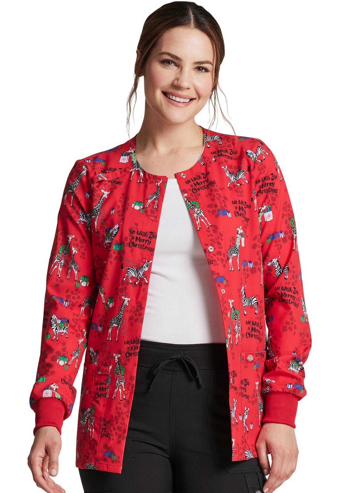 Animal Print Dickies Christmas EDS Snap Front Scrub Jacket DK309 WZMC - Scrubs Select