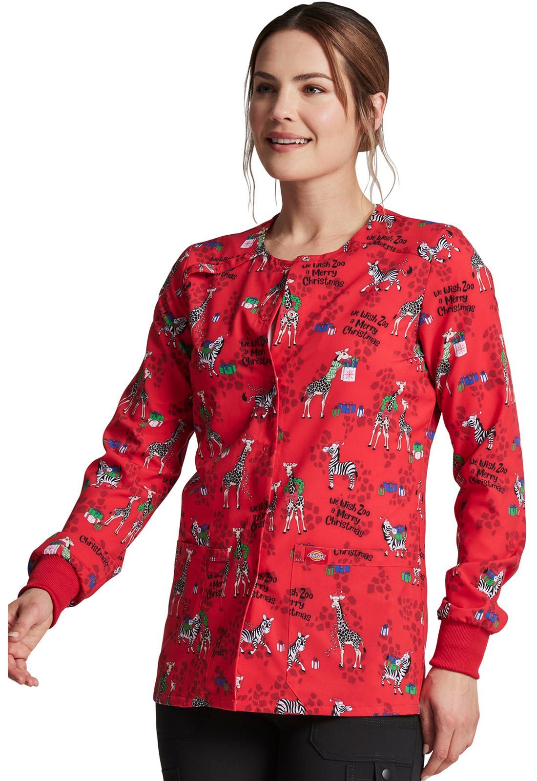 Animal Print Dickies Christmas EDS Snap Front Scrub Jacket DK309 WZMC - Scrubs Select