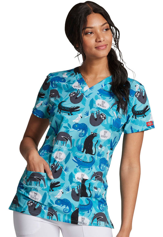 Animal Print Dickies EDS V Neck Scrub Top DK717 SVRF - Scrubs Select
