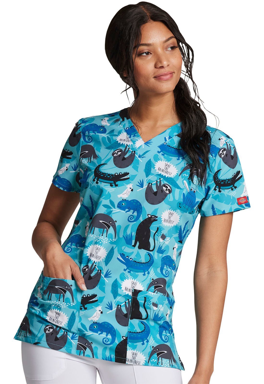Animal Print Dickies EDS V Neck Scrub Top DK717 SVRF - Scrubs Select