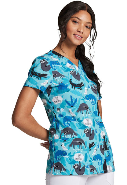 Animal Print Dickies EDS V Neck Scrub Top DK717 SVRF - Scrubs Select