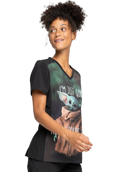 Baby Yoda Cherokee Tooniforms Licensed Star Wars V Neck Scrub Top TF637 MDKC - Scrubs Select