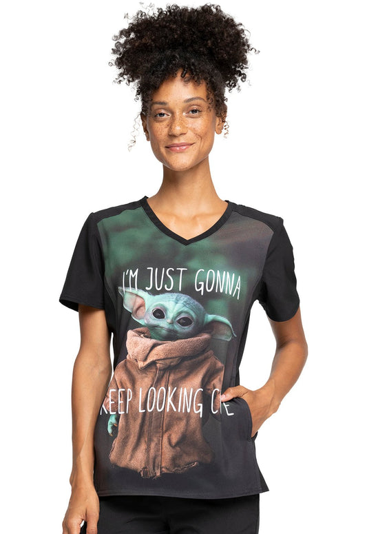 Baby Yoda Cherokee Tooniforms Licensed Star Wars V Neck Scrub Top TF637 MDKC - Scrubs Select