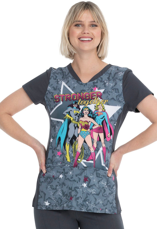 Batgirl, Supergirl, Wonder Women HeartSoul Licensed Print V Neck Scrub Top HS719 DMGG - Scrubs Select