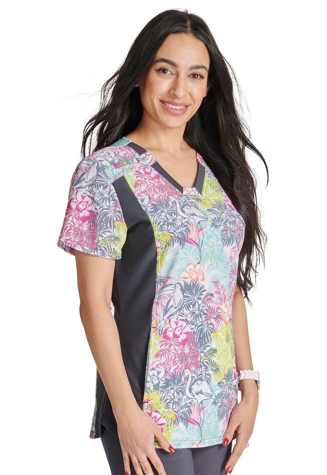 Birds Of Paradise Cherokee iflex Print V Neck Knit Panel Scrub Top CK641 BIPD - Scrubs Select