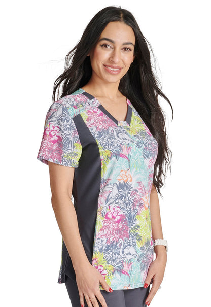 Birds Of Paradise Cherokee iflex Print V Neck Knit Panel Scrub Top CK641 BIPD - Scrubs Select