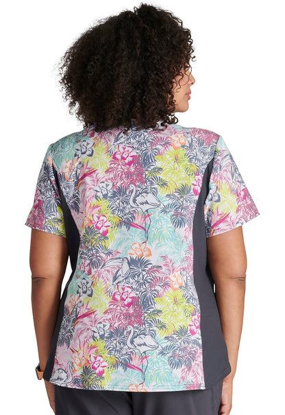 Birds Of Paradise Cherokee iflex Print V Neck Knit Panel Scrub Top CK641 BIPD - Scrubs Select