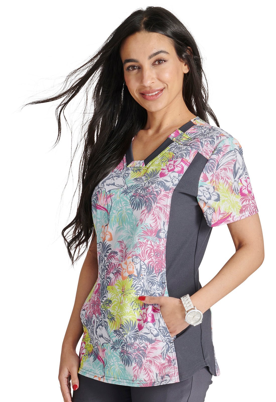 Birds Of Paradise Cherokee iflex Print V Neck Knit Panel Scrub Top CK641 BIPD - Scrubs Select