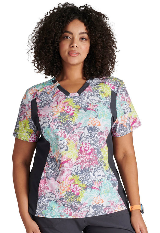 Birds Of Paradise Cherokee iflex Print V Neck Knit Panel Scrub Top CK641 BIPD - Scrubs Select
