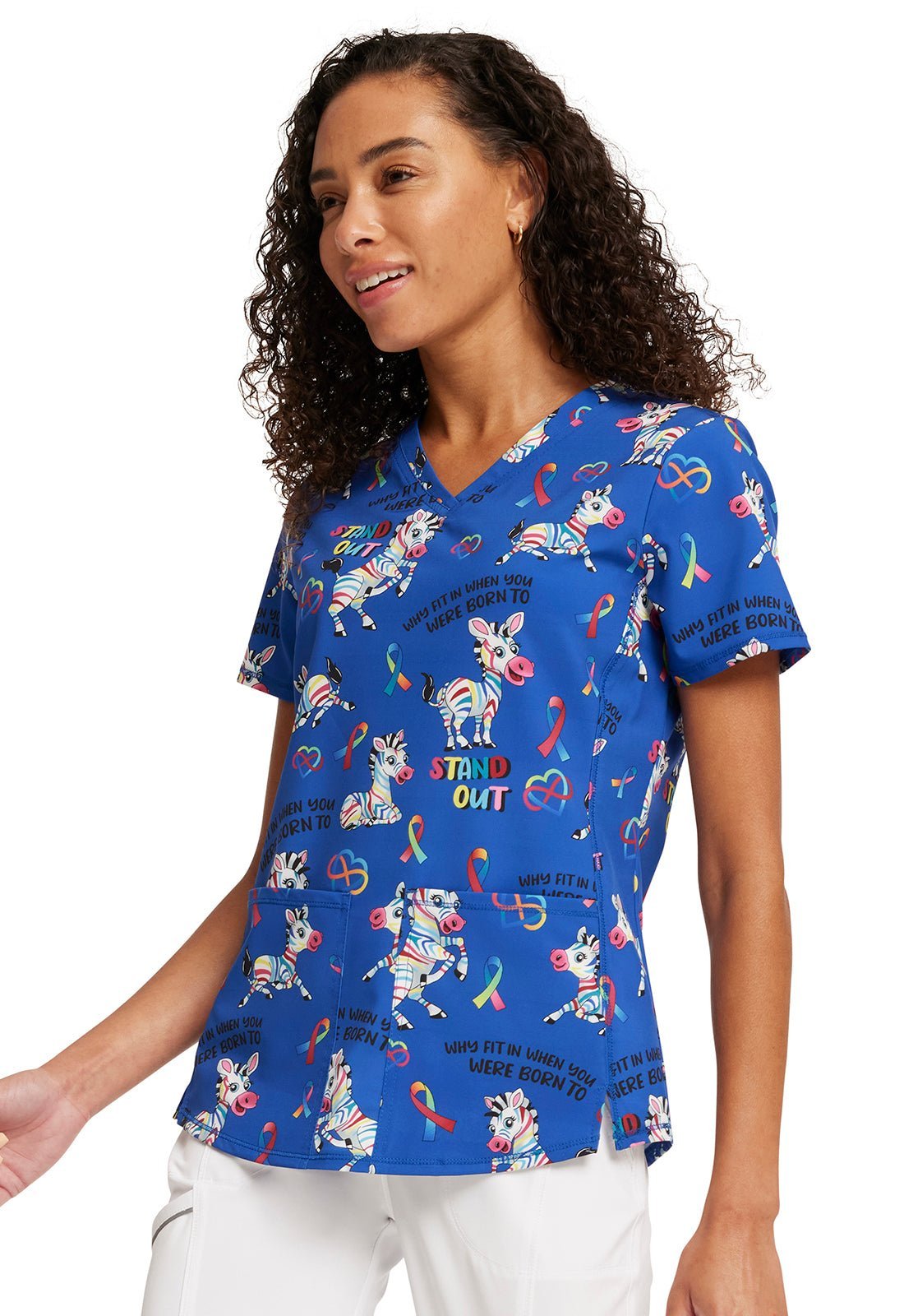 Born To Stand Out Cherokee Autism Awareness Print V Neck Scrub Top CK703 BTSO - Scrubs Select