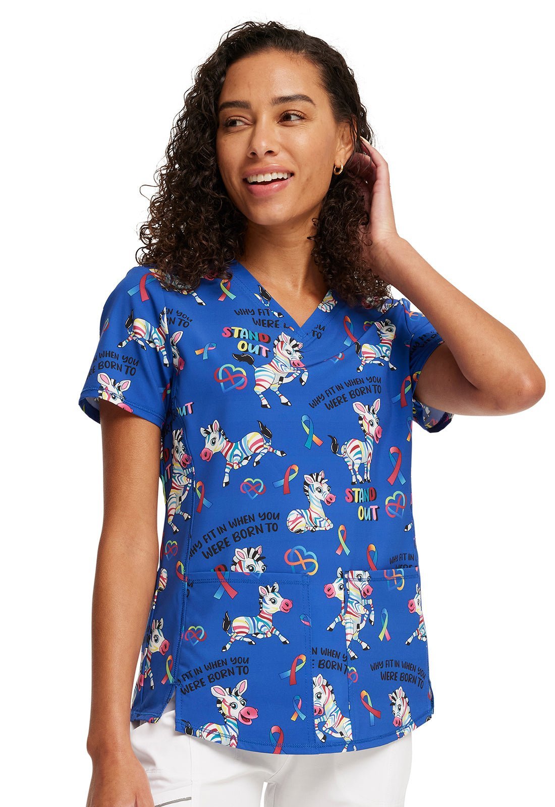 Born To Stand Out Cherokee Autism Awareness Print V Neck Scrub Top CK703 BTSO - Scrubs Select