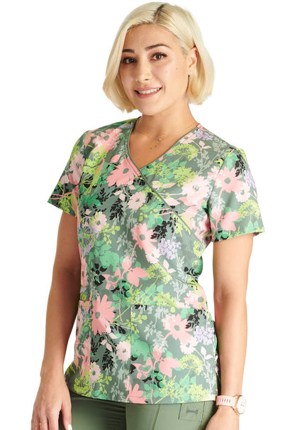 Botanics In Bloom Cherokee Floral Print Mock Wrap Scrub Top CK688 BOTB - Scrubs Select