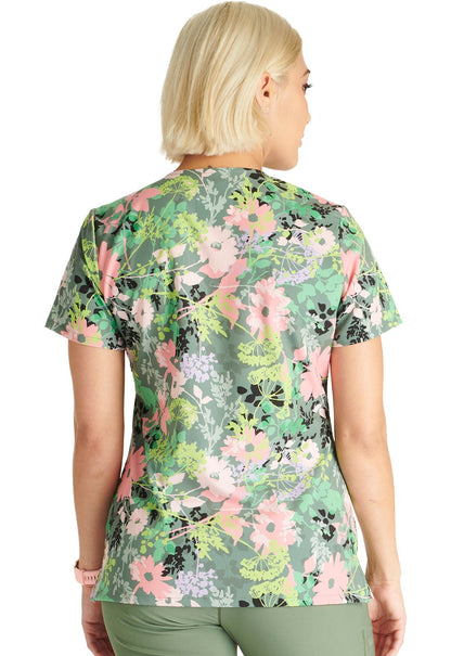 Botanics In Bloom Cherokee Floral Print Mock Wrap Scrub Top CK688 BOTB - Scrubs Select