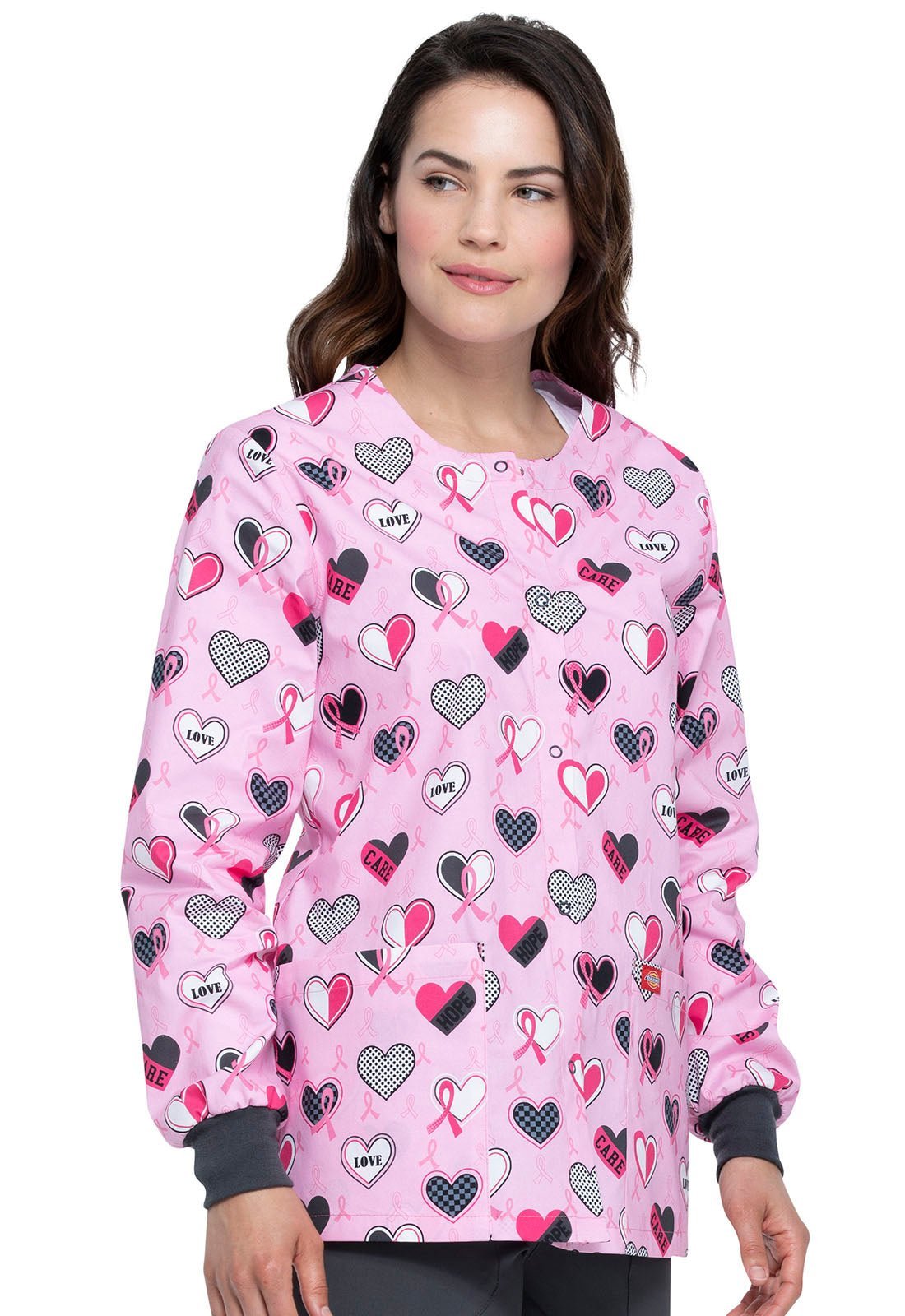 Breast Cancer Awareness Dickies Print Snap Front Scrub Jacket DK301 AVCA - Scrubs Select