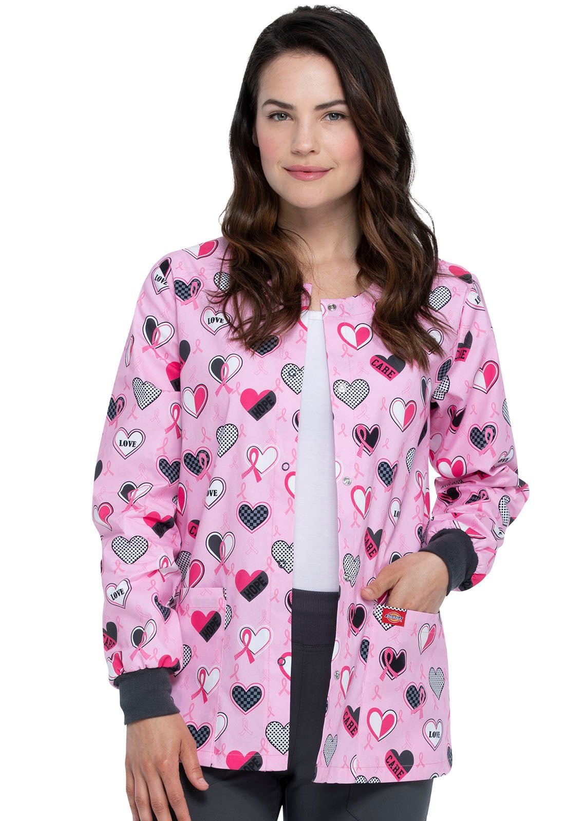 Breast Cancer Awareness Dickies Print Snap Front Scrub Jacket DK301 AVCA - Scrubs Select