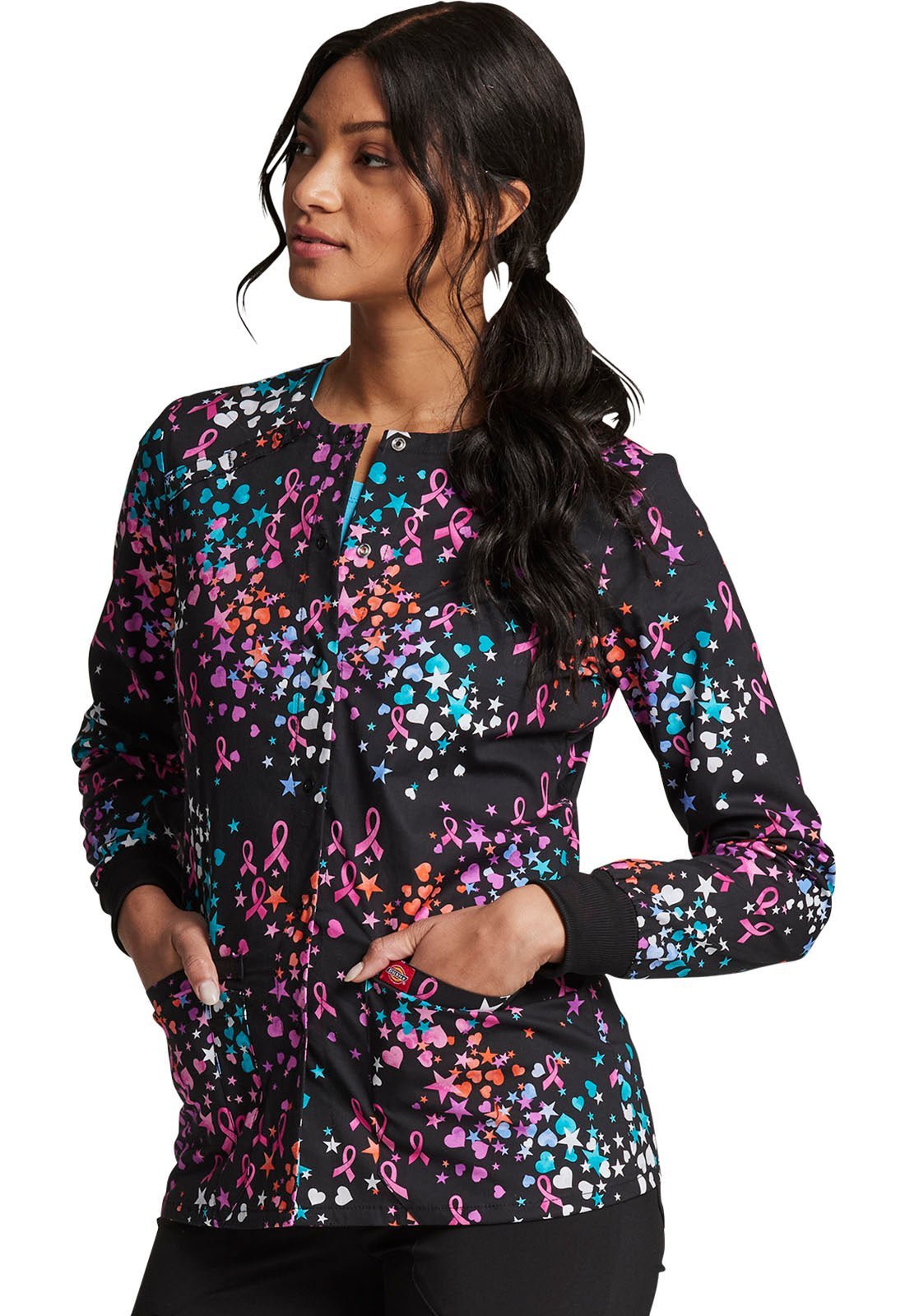 Breast Cancer Awareness Dickies Print Snap Front Scrub Jacket DK306 CASR - Scrubs Select