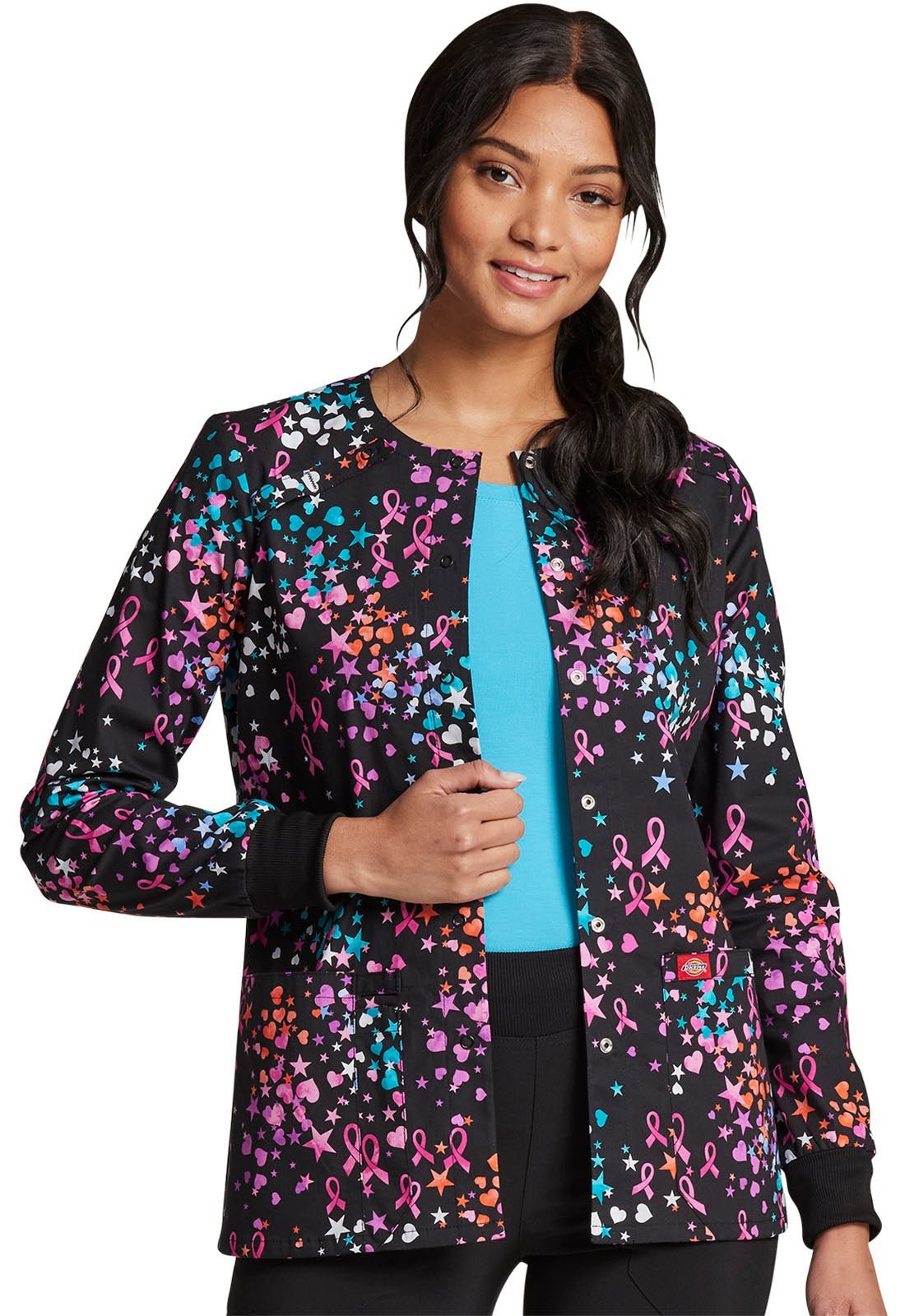 Breast Cancer Awareness Dickies Print Snap Front Scrub Jacket DK306 CASR - Scrubs Select