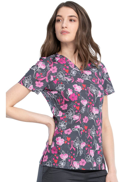 Breast Cancer Cherokee Awareness Print V Neck Scrub Top CK646 LOFA - Scrubs Select
