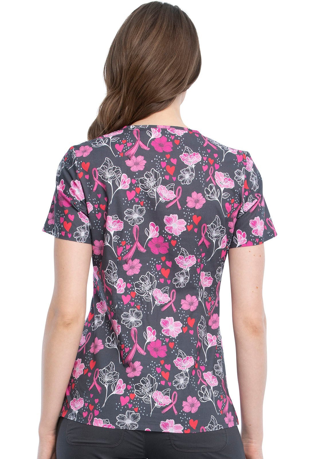 Breast Cancer Cherokee Awareness Print V Neck Scrub Top CK646 LOFA - Scrubs Select