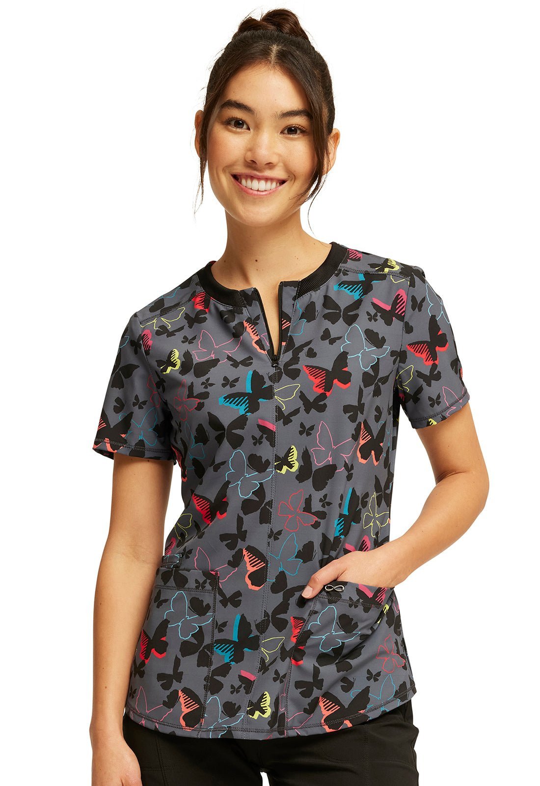 Brilliant Butterflies Cherokee Infinity Print Round Neck Scrub Top CK880 BTBF - Scrubs Select