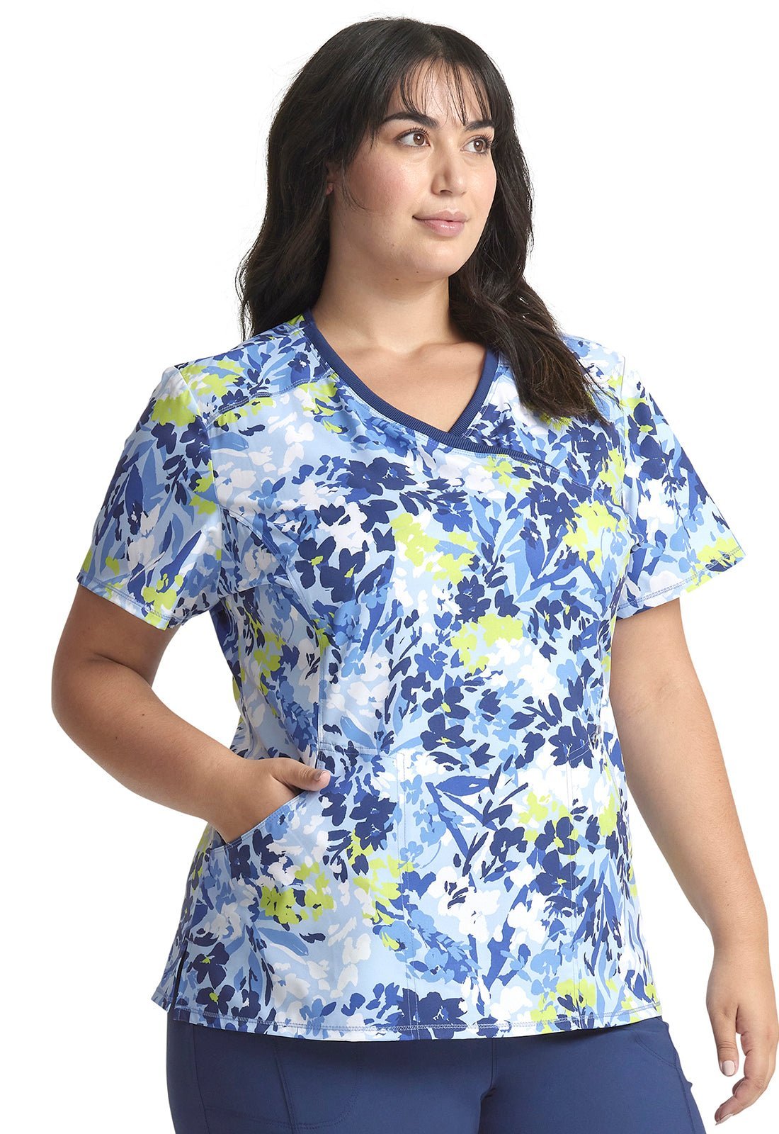 Brushstroke Buds Cherokee Infinity Floral Print Mock Wrap Scrub Top CK608 BHBD - Scrubs Select