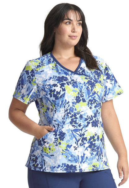 Brushstroke Buds Cherokee Infinity Floral Print Mock Wrap Scrub Top CK608 BHBD - Scrubs Select