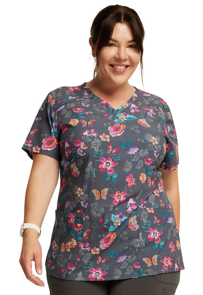 Butterflies Abloom Dickes EDS Print V Neck Scrub Top DK616 BTAB - Scrubs Select