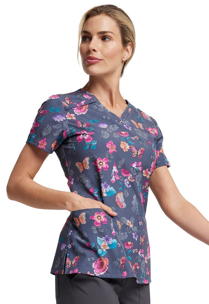 Butterflies Abloom Dickes EDS Print V Neck Scrub Top DK616 BTAB - Scrubs Select