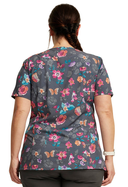 Butterflies Abloom Dickes EDS Print V Neck Scrub Top DK616 BTAB - Scrubs Select