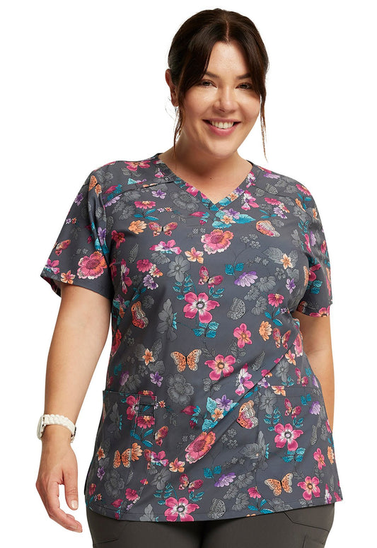 Butterflies Abloom Dickes EDS Print V Neck Scrub Top DK616 BTAB - Scrubs Select
