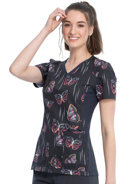Butterfly Cherokee iFlex Print V Neck Knit Panel Scrub Top CK636 BUYB - Scrubs Select
