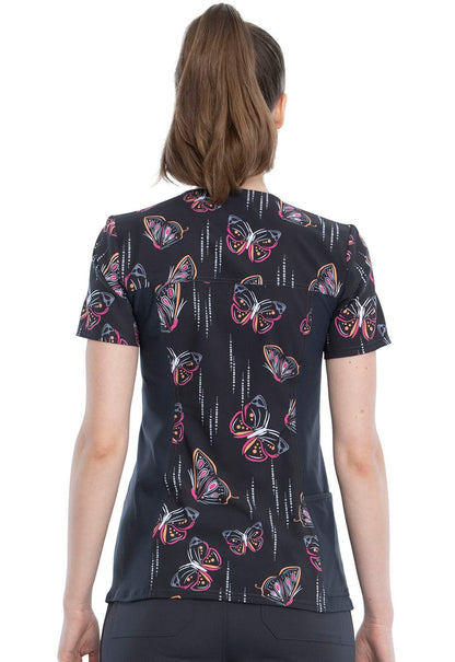 Butterfly Cherokee iFlex Print V Neck Knit Panel Scrub Top CK636 BUYB - Scrubs Select