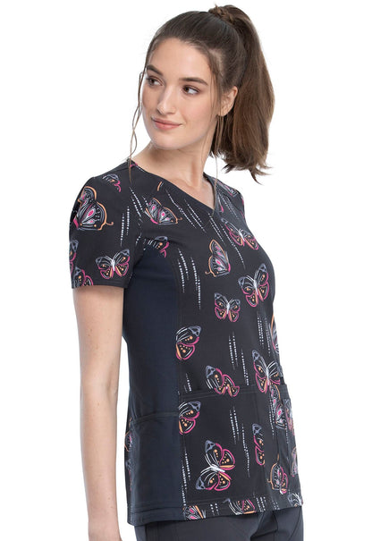 Butterfly Cherokee iFlex Print V Neck Knit Panel Scrub Top CK636 BUYB - Scrubs Select