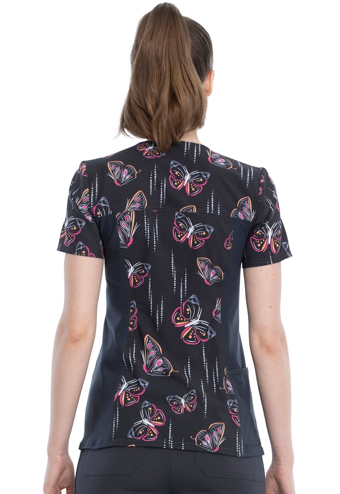 Butterfly Cherokee iFlex Print V Neck Knit Panel Scrub Top CK636 BUYB - Scrubs Select