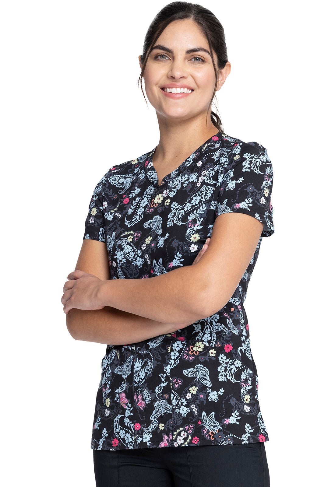 Butterfly Cherokee Print V Neck Scrub Top CK678 FUBM - Scrubs Select