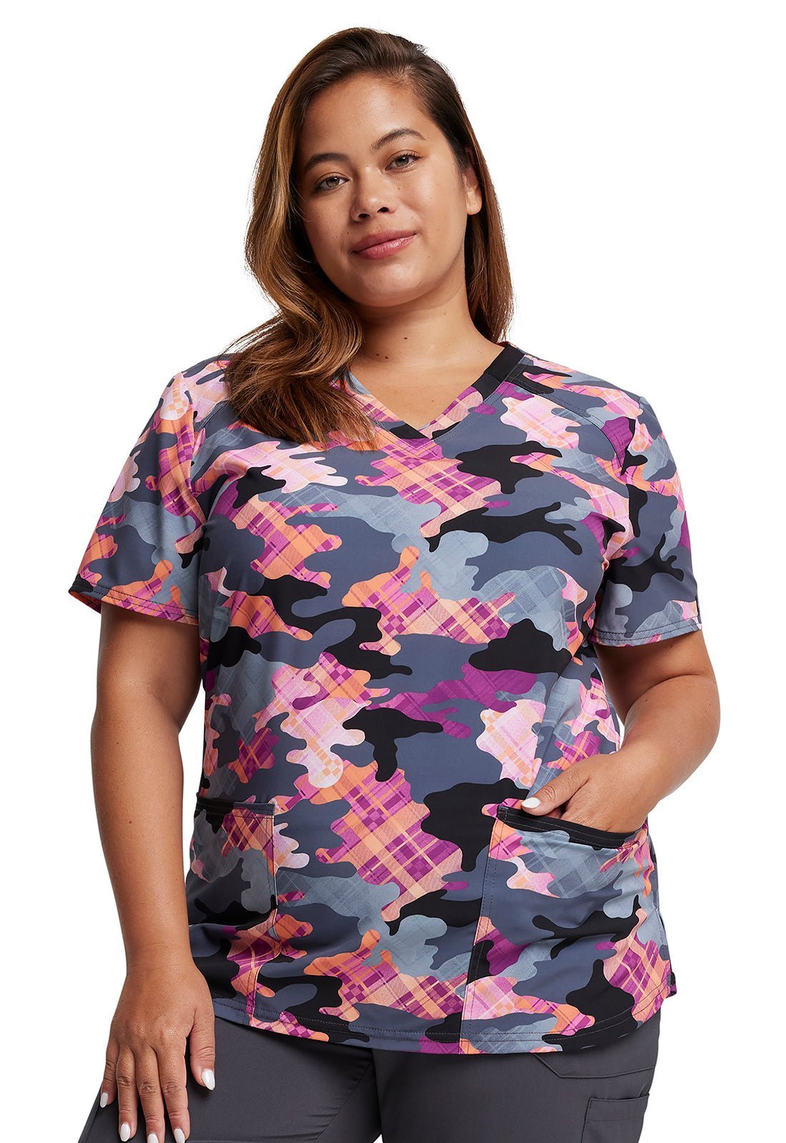 Camo Plaid Dickies EDS Print V Neck Scrub Top DK876 CAPD - Scrubs Select