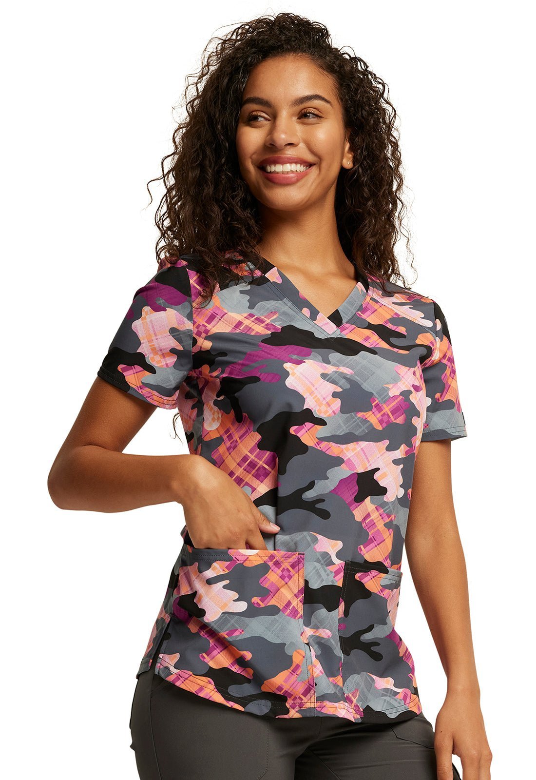 Camo Plaid Dickies EDS Print V Neck Scrub Top DK876 CAPD - Scrubs Select