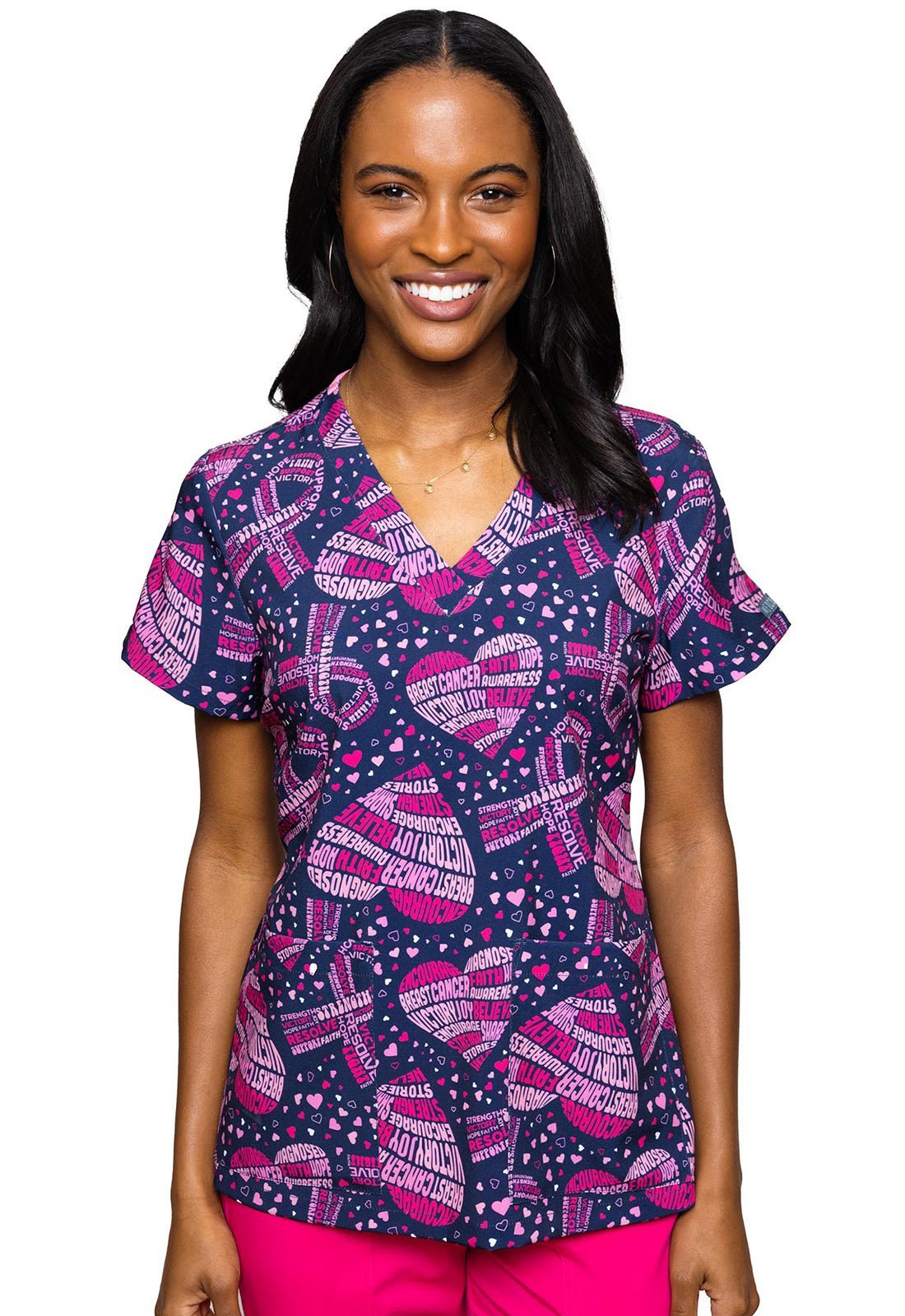 Cancer Awareness Med Couture Print V Neck Scrub Top MC8564 CCAW - Scrubs Select