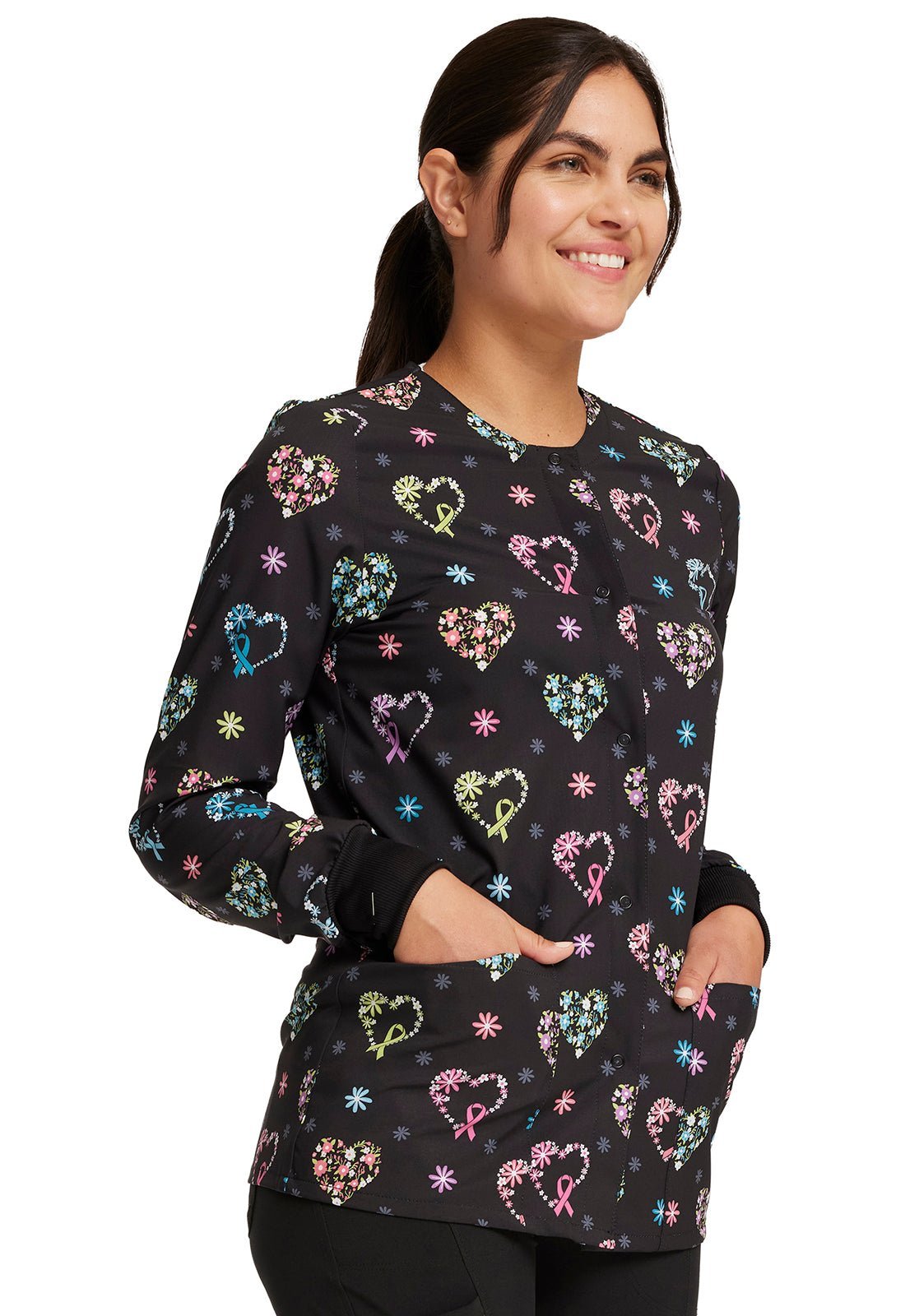 Care Flor - All Cherokee All Awareness Print Warm Up Scrub Jacket CK321 CRFO - Scrubs Select