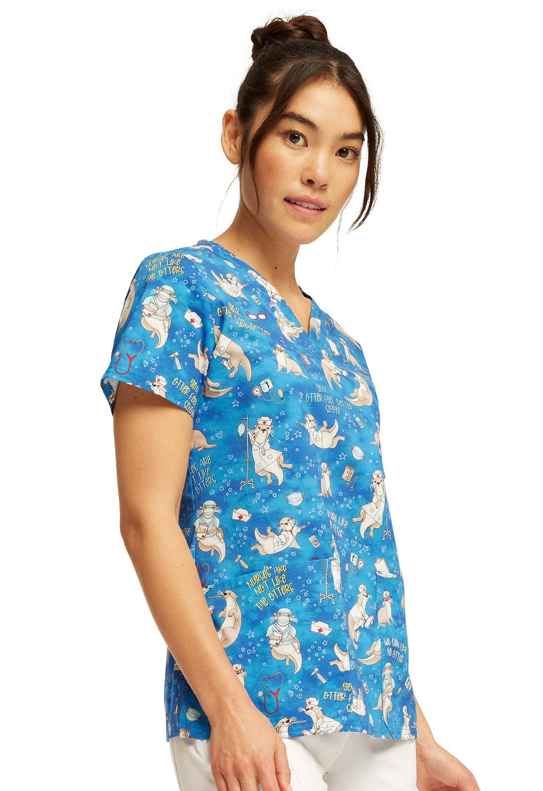 Care Like No Otter Cherokee Nurse Print V Neck Scrub Top CK651 CLNO - Scrubs Select