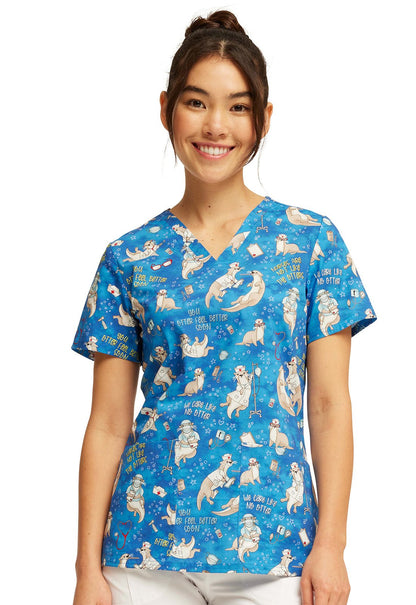 Care Like No Otter Cherokee Nurse Print V Neck Scrub Top CK651 CLNO - Scrubs Select