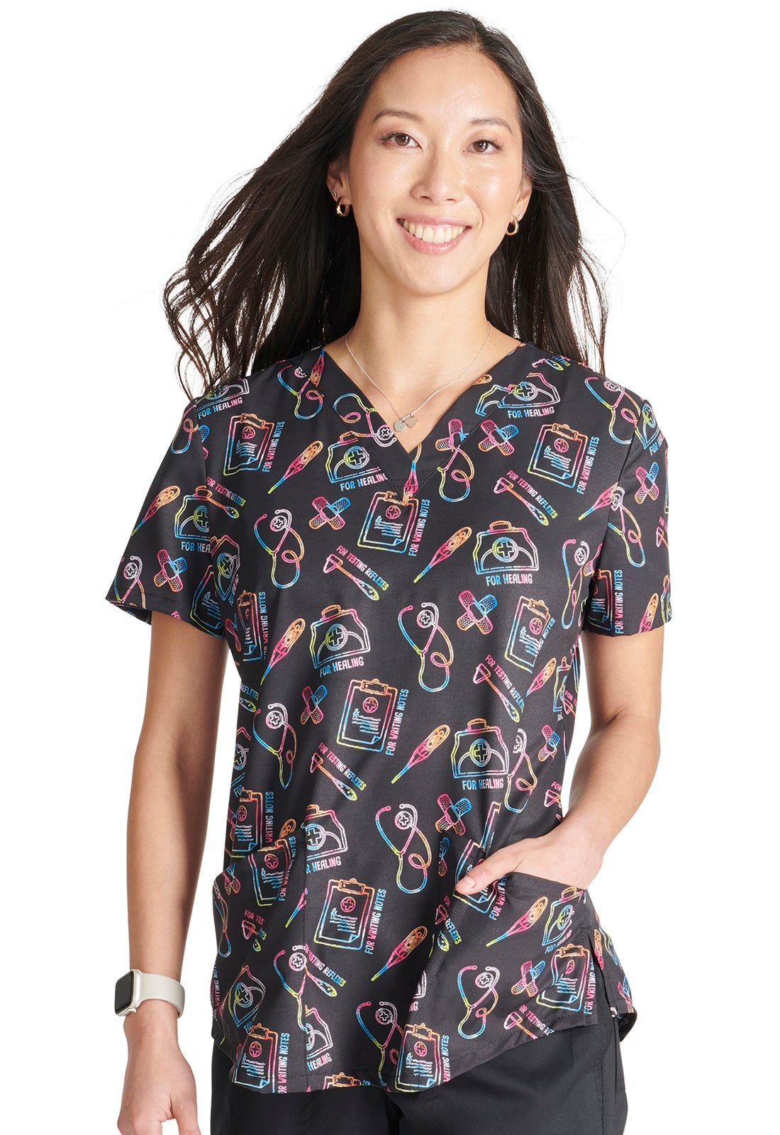 Caring Essentials Cherokee Nurse Print V Neck Scrub Top CK662 CRES - Scrubs Select