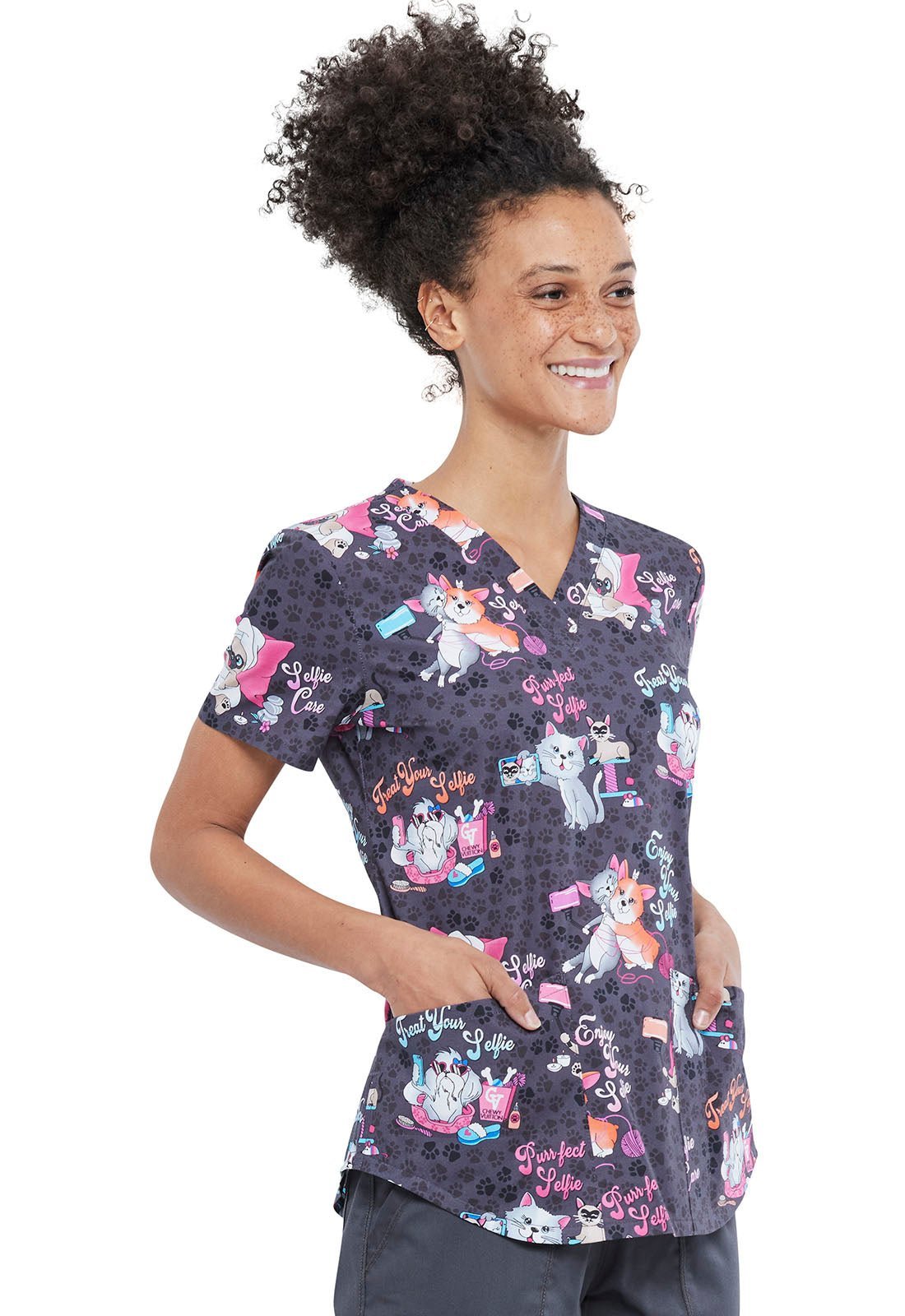 Cat and Dog Cherokee Print V Neck Scrub Top CK652 SFEC - Scrubs Select