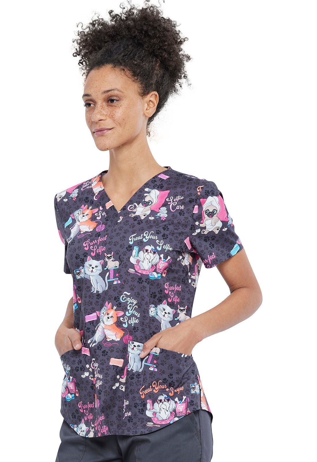 Cat and Dog Cherokee Print V Neck Scrub Top CK652 SFEC - Scrubs Select