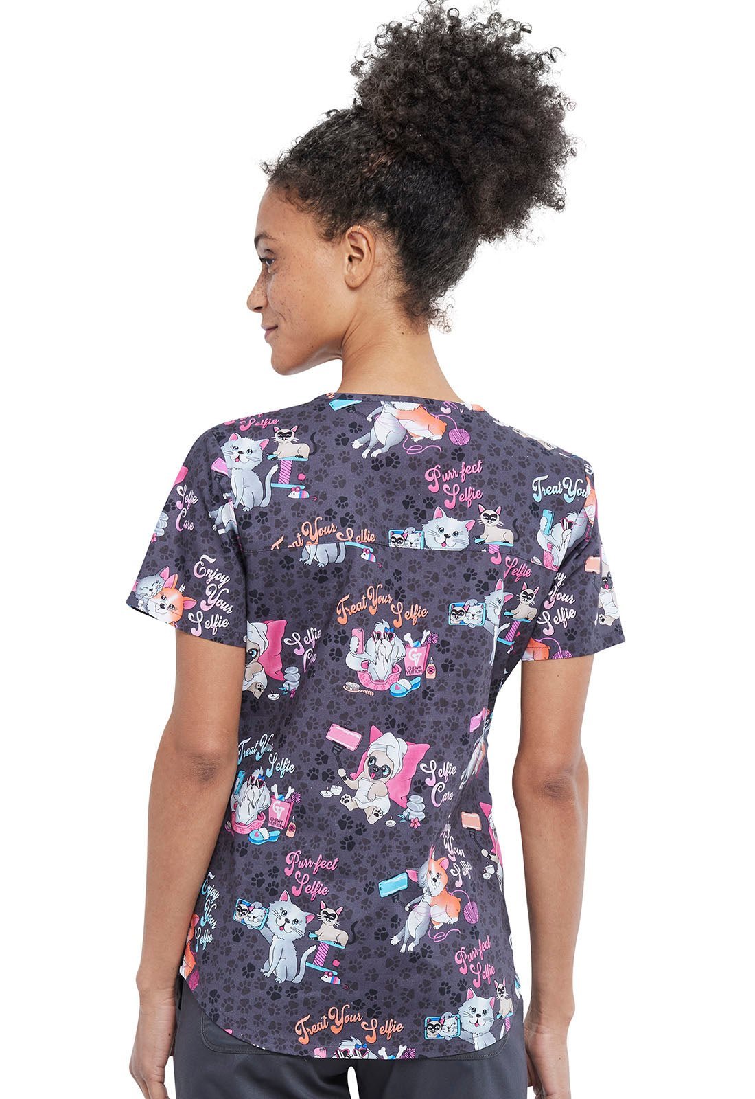 Cat and Dog Cherokee Print V Neck Scrub Top CK652 SFEC - Scrubs Select
