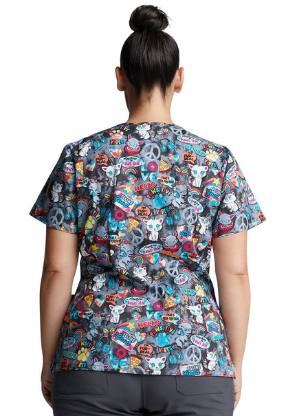 Cat Dickies Print V Neck Scrub Top DK700 PWVB - Scrubs Select