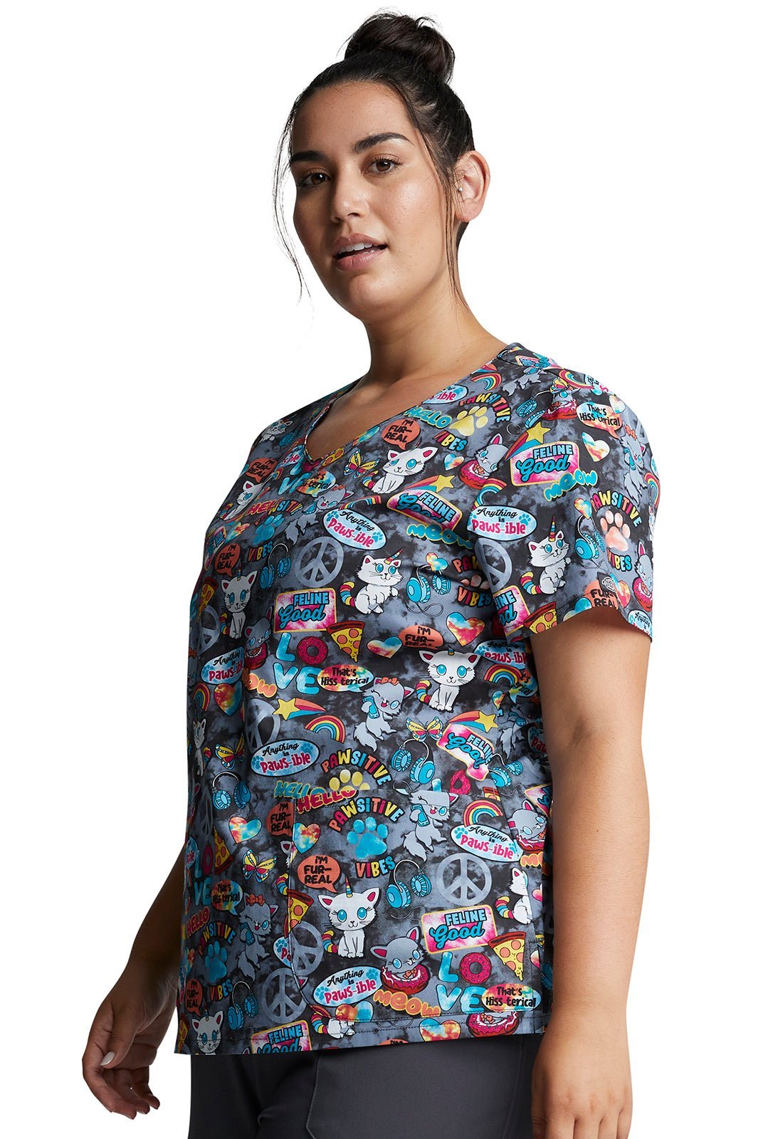 Cat Dickies Print V Neck Scrub Top DK700 PWVB - Scrubs Select