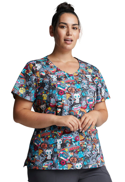 Cat Dickies Print V Neck Scrub Top DK700 PWVB - Scrubs Select