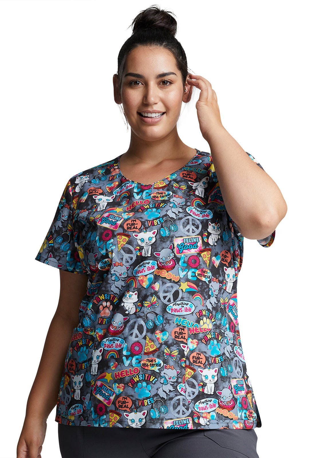 Cat Dickies Print V Neck Scrub Top DK700 PWVB - Scrubs Select