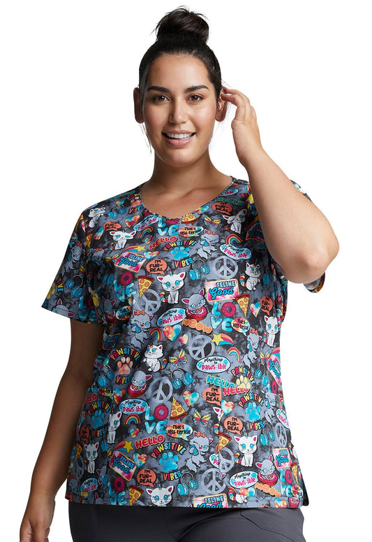 Cat Dickies Print V Neck Scrub Top DK700 PWVB - Scrubs Select